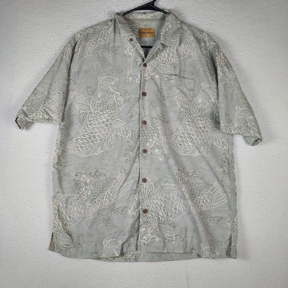 Tommy Bahama Men’s M 100% Silk Koi Fish Hawaiian Shirt Sage Gray Button Front